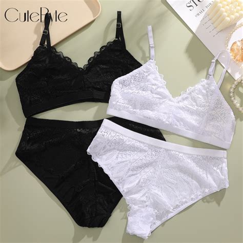 Cutebyte Lace Lingerie Set Breathable Cotton Brief High Waist Panty Lace Bra Sexy Underwear