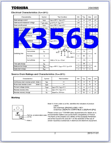 K3565 PDF Datasheet - 900V, 5A, N-Ch, MOSFET - 2SK3565