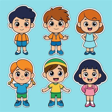 Caracteres de dibujos animados para niños con varios peinados y ropa