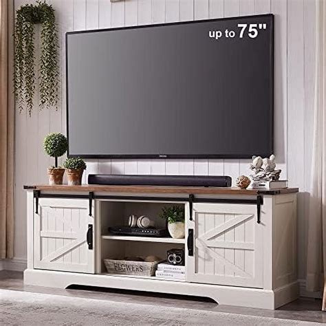 Farmhouse Tv Stand For 75 Inch Tv With Sliding Barn Door Rustic Wood