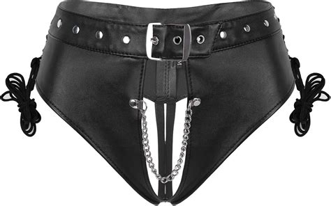 Chictry Slip Femme Cuir Pu String Entrejambe Ouverte G String Tanga Thong Avec Lacets Lingerie
