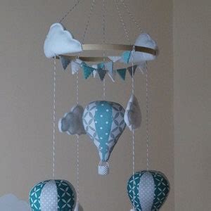 Unisex Hot Air Balloon Nursery Baby Mobile With Bunting Teal And Grey Polka Quatrofoil Etsy