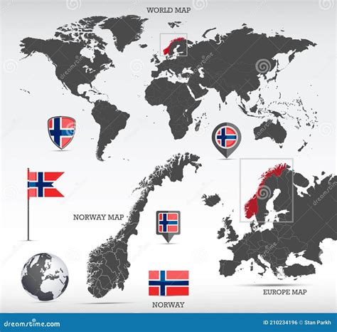 Norway Administrative Divisions Map and Norway Flags Icon Set Stock