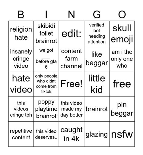 Youtube Shorts Cringe Bingo Card