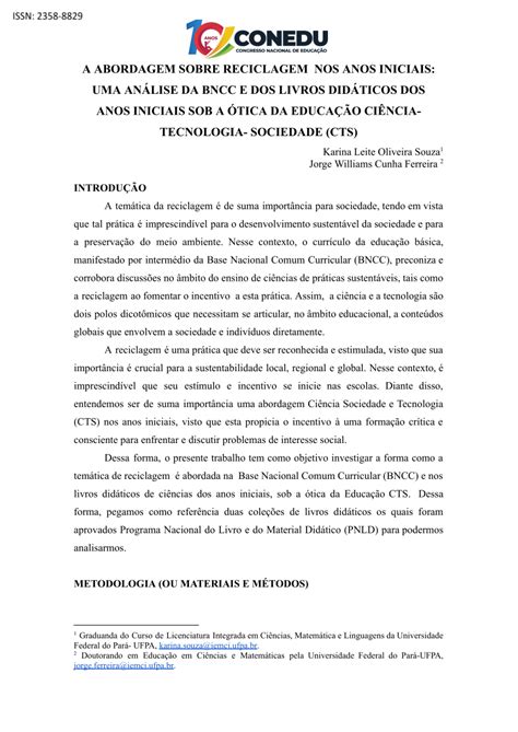 PDF A ABORDAGEM SOBRE RECICLAGEM NOS ANOS INICIAIS UMA ANÁLISE DA