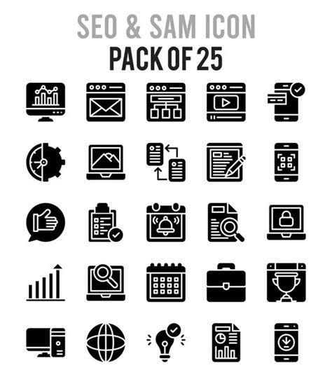 25 paquete de iconos seo y sam glyph ilustración vectorial Vector Premium