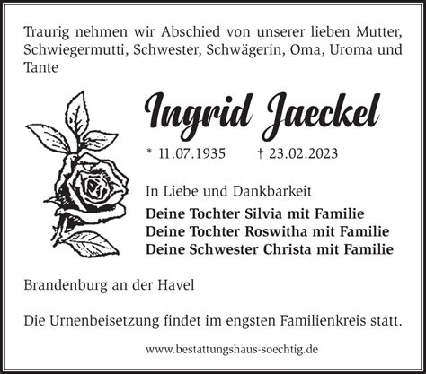 Traueranzeigen Von Ingrid Jaeckel M Rkische Onlinezeitung Trauerportal