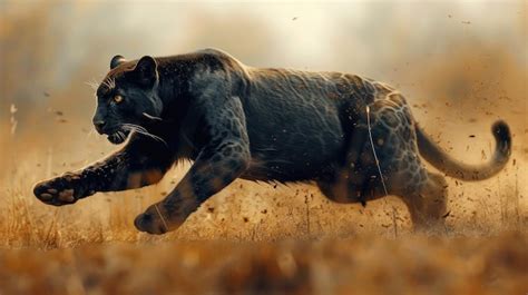 A Black Panther Is Running And Jumping In The African Savannah