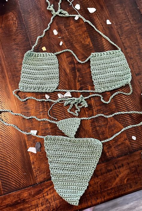 Crochet Micro Thong Bikini Sage Green Etsy