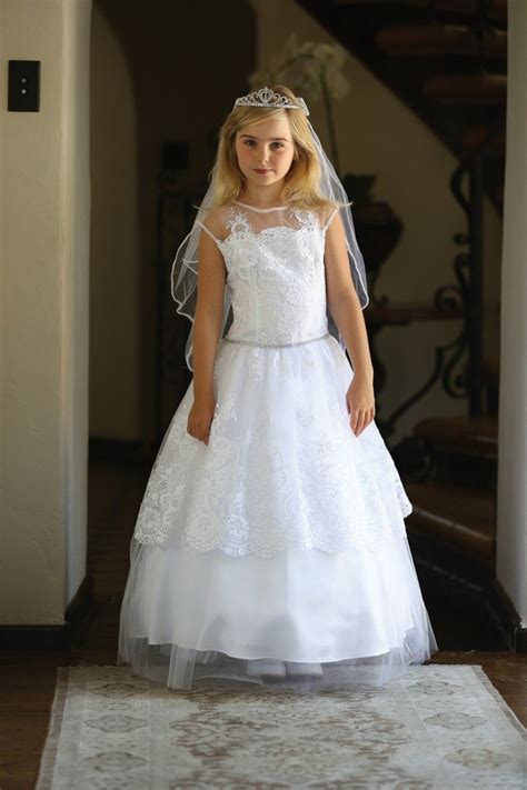 Girls First Communion Gown With Ruffled Skirt And Crystal Sequin Bodice