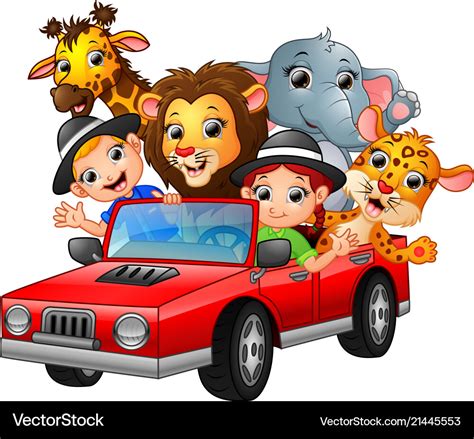 Cartoon kids driving a red car with wild animals Vector Image