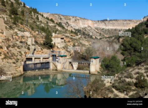 Scenic landscape view of the canyon with the dam over the river Jucar ...