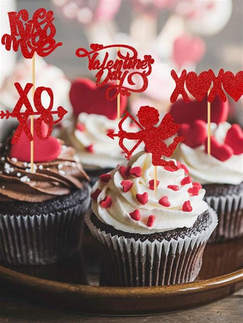 12pcs Pack Red Valentine S Day Cake Toppers Heart Gift Lips Cupid