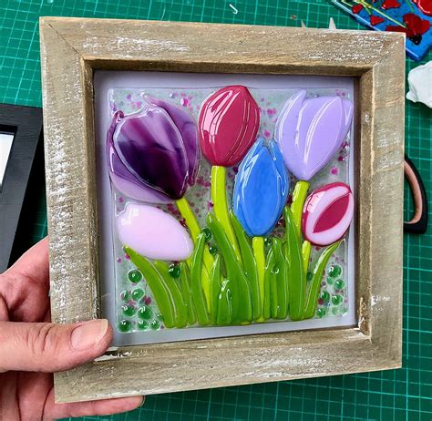 Unique Hand Made Tulips In Shades Of Pink And Purple Created Using Hand Cut Sheet Glass And