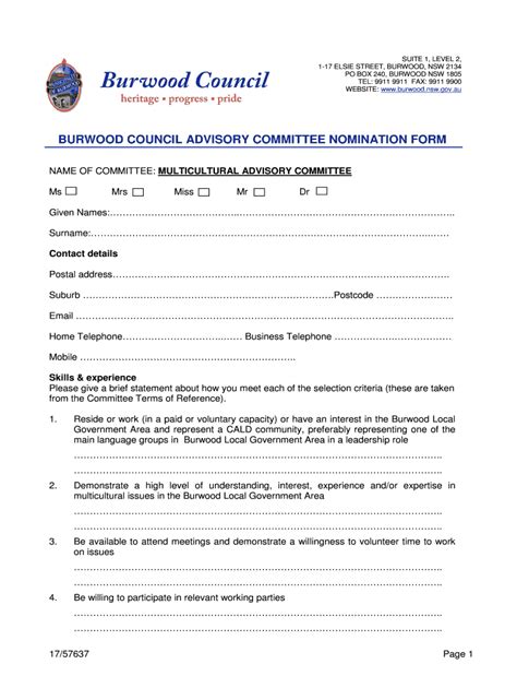 Fillable Online BURWOOD COUNCIL ADVISORY COMMITTEE NOMINATION FORM Fax