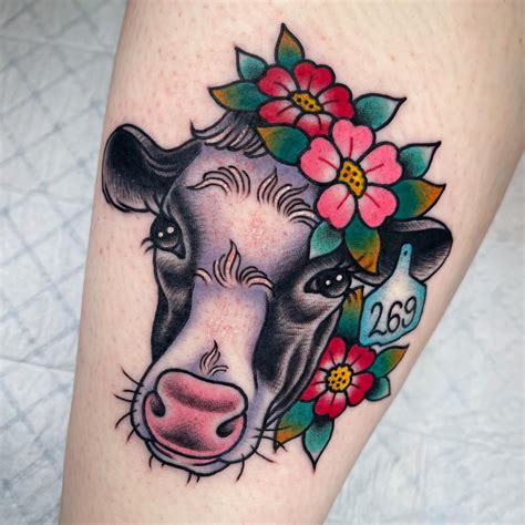 Aggregate More Than 59 Cow Tattoo With Flowers Best In Cdgdbentre