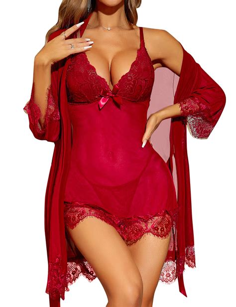 RSLOVE Women Sexy Lingerie Set 3 Piece Babydoll Lace Kimono Robe Strap Chemise Mesh Nightgown