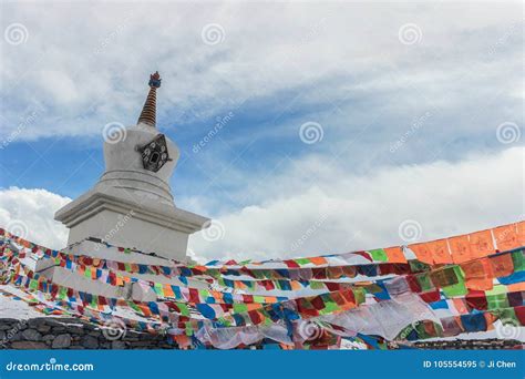 Buddhist Stupa With Prayer Flags On Snow Mountain Stock Image Image