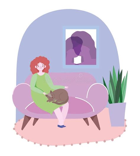 Young Woman Sitting On Sofa With Cat In The Living Room Stock Vector