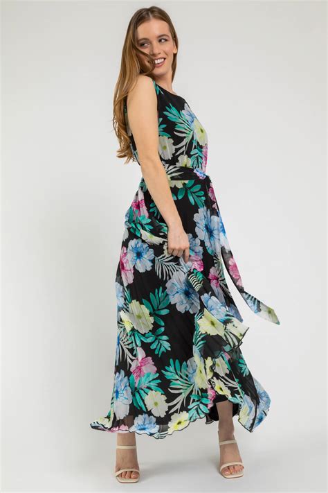 Petite Floral Pleated Maxi Dress In Black Roman Uk