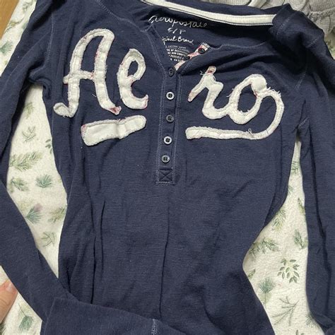 Aeropostale Blue Long Sleeve With Floral Button Depop