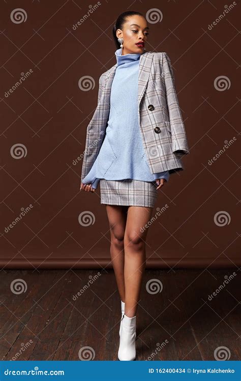 Beautiful Woman Fashion Glamour Model Brunette Hair Makeup Wear Suit Trousers Jacket Clothes