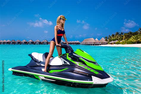 Sexy Tanned Woman Bikini Model At Maldives Tropical Sand Beach Glamour Girl In Swimsuit On The