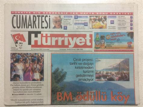 Hürriyet Gazetesi Cumartesi Eki 22 Temmuz 2000 BM Ödüllü Köy Çıralı