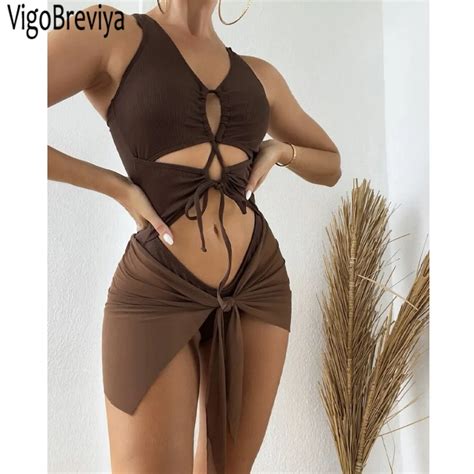 Vigobeviya 2023 Brown Strapped 2 Piece Swimwear Women Sexy High Cut