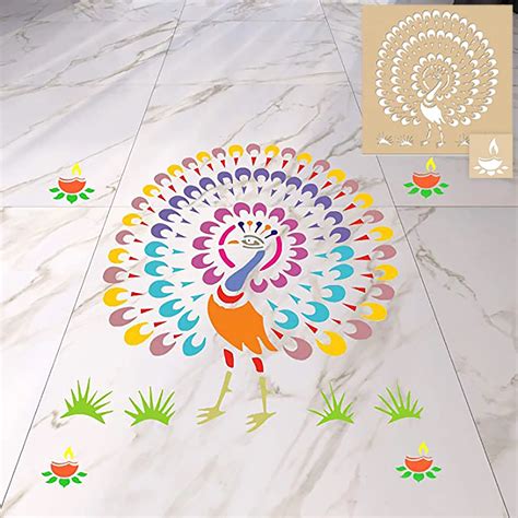 Peacock Rangoli Design Wood Rangoli Stencil With Diya Incredible Gifts