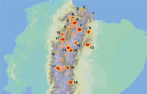 Mapa con la distribución de volcanes activos del Ecuador Toulkeridis