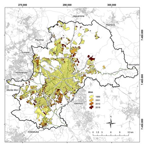 Mapa da expansão da mancha urbana de Campinas SP de 1989 a 2018