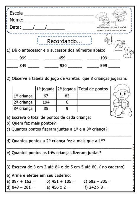 ATIVIDADES DE MATEMÁTICA PARA O 3º ANO Third Grade Leonardo Sheet