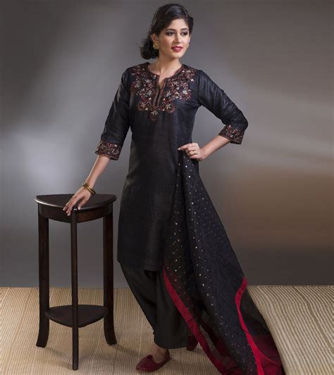 Black Embroidered Tussar Silk Kurta Women Fabindia Victorian Dress