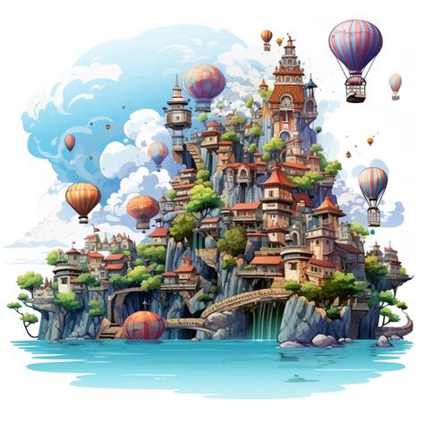 Premium AI Image Cartoon Illustration Of A Castle With Many Hot Air Balloons Flying Over It
