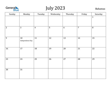 Bahamas July 2023 Calendar With Holidays