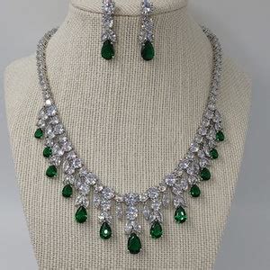 Green Bridal Jewelry Bridal V Shape Necklace Earrings Prom Etsy