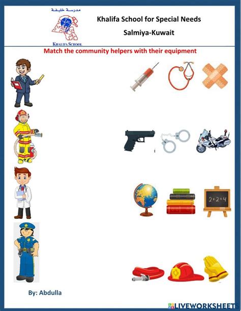 Match The Community Helpers With Their Equipments Worksheet