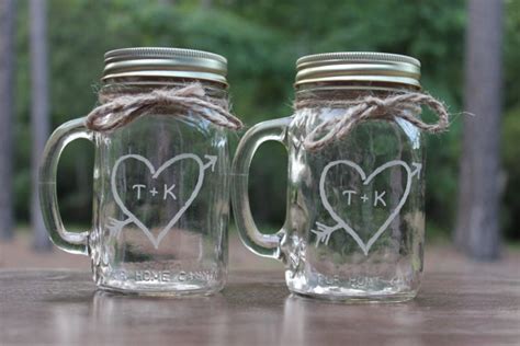 Engraved Mason Jars Mugs Engagement Gift Glasses Couples Gift