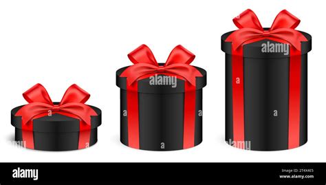 Different Height Round Shape Black Gift Boxes Wrapped With Red Ribbons