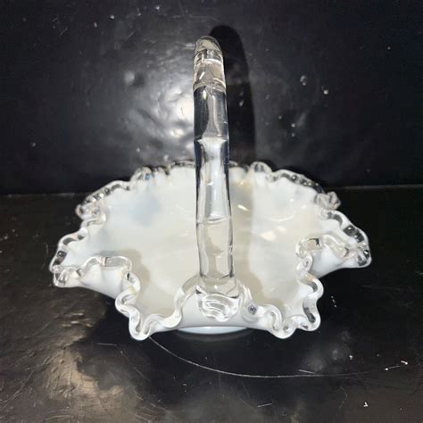 Vintage Fenton Silvercrest Glass Basket W Crimped Ruffled Edge