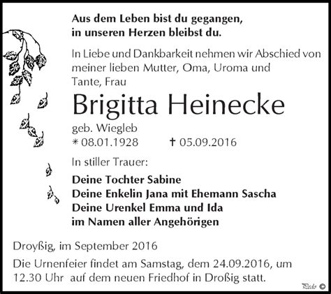 Traueranzeigen Von Brigitta Heinecke Abschied Nehmen De