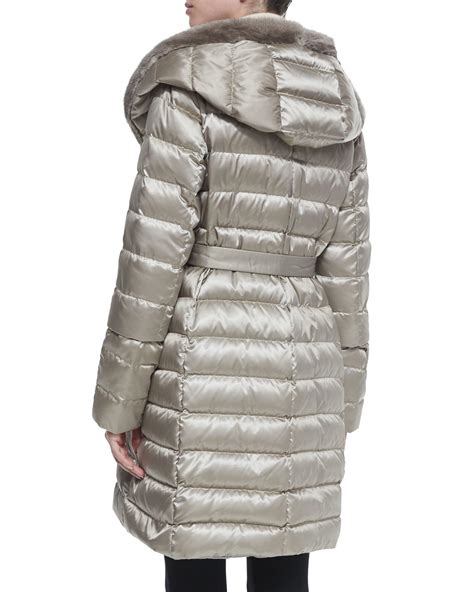 Lyst Max Mara Fur Trimmed Quilted Mid Length Puffer Coat In Gray