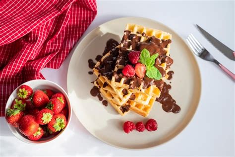 Premium Photo Delicious Belgian Waffles For Breakfast With