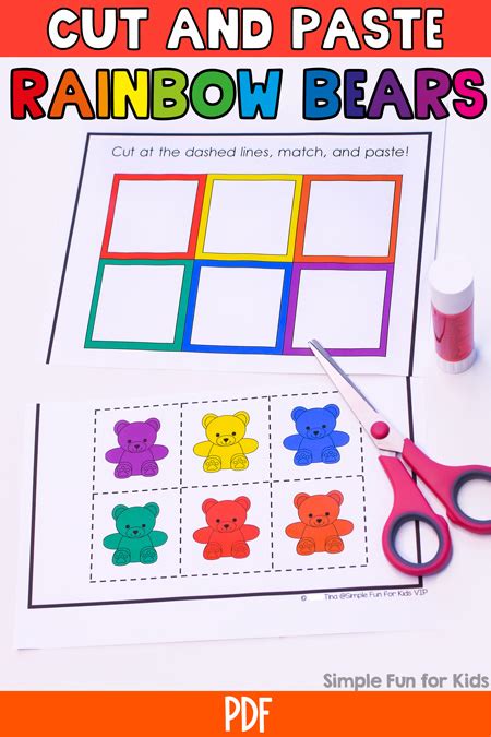 Rainbow Bear Color Match Cut And Paste Worksheet Printable Simple Fun