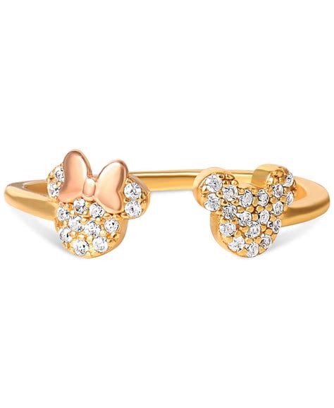 Disney Cubic Zirconia Mickey And Minnie Mouse Adjustable Cuff Ring In 18k