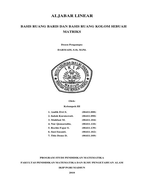 Basis Ruang Baris Dan Basis Ruang Kolom Sebuah Matriks 2 Pdf