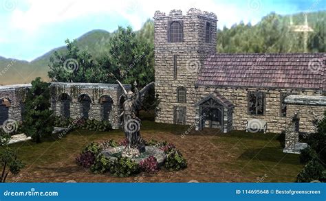 Courtyard of a Castle with Castle Wall and Buildings Stock Illustration ...