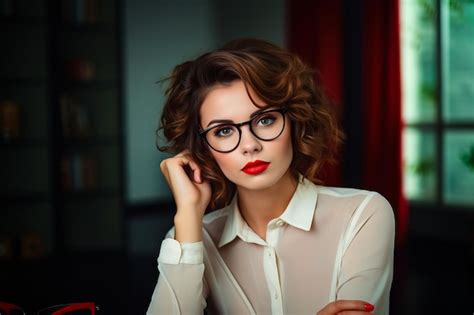 Premium Photo Woman With Glasses And Red Lipstick Posing For Picture Generative Ai