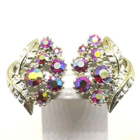 Rhinestone Earrings Vintage Coro Signed Gold Tone Aurora Etsy